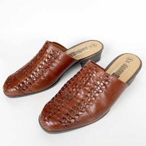 Vintage Leather Woven Fisherman Slip On Mule Sandals Low Heel Preppy Coastal Tan